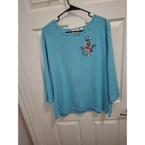3/$15 The Quacker Factory XL Blue Christmas Snowman Rhinestone Shirt